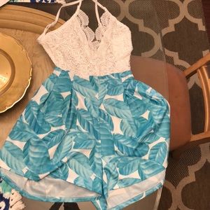 Backless Palm romper, crocheted top. Small